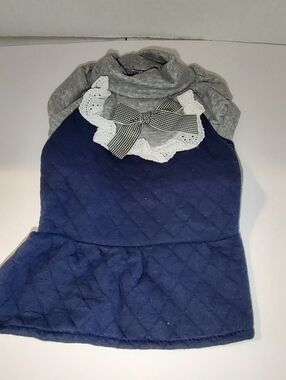 NEW Dobaz Large Quilted Dog Turtleneck Dress Navy Blue/Gray W/ Ruffles (I2)